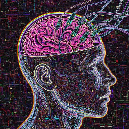 Surreal NFT Style Human Head with Exposed Brain and Electric Cables