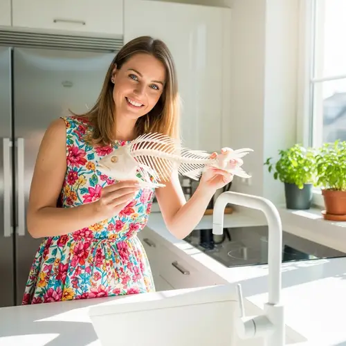 Beautiful European Woman in Stylish Dress Holding Fish Skeleton