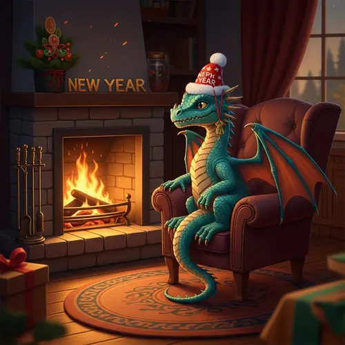Festive Dragon in Cozy Armchair by Fireplace | New Year Charm
