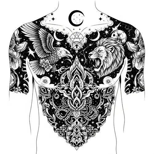 Vector Art Ink Drawing Full Chest Tattoo Design