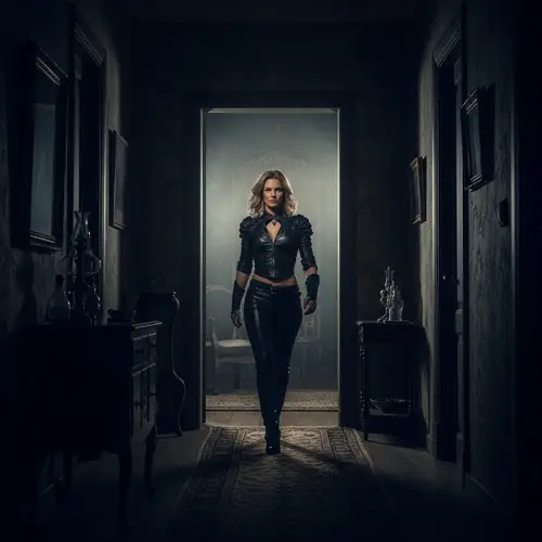 Confident Woman in Dark Leather Outfit Walking to Mysterious Dungeon