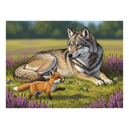 She-Wolf, Young Fox, Frog | Vibrant Countryside Scene