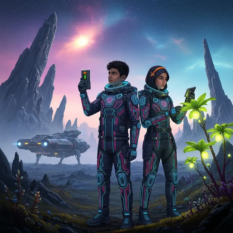 Cyberpunk Space Travelers: Boy and Girl Explorers Cyberpunk Space Travelers: Boy and Girl Explorers