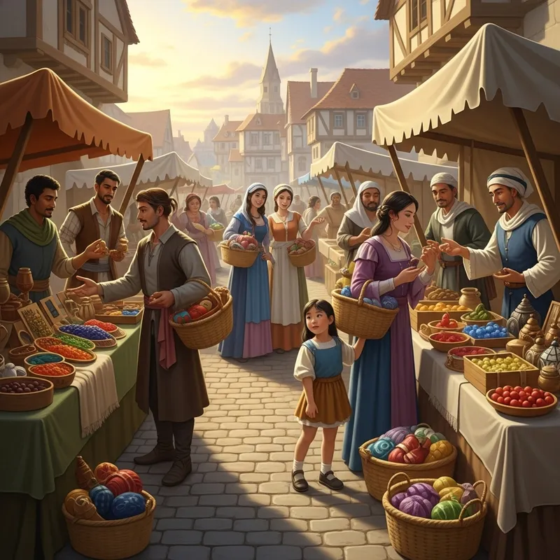 Lively Medieval Trading Scene in a Diverse Marketplace