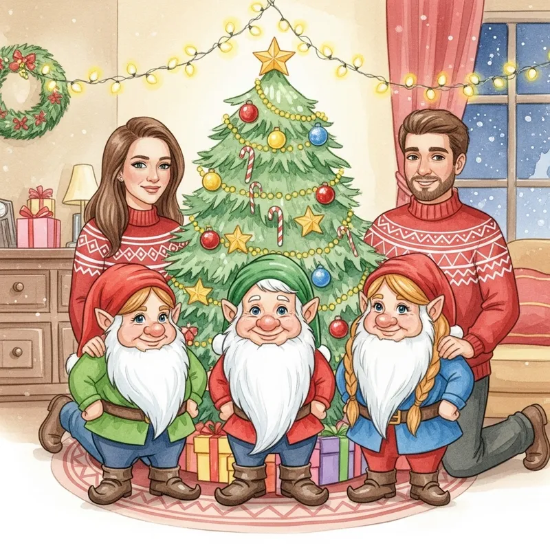 Whimsical Scene with Dwarves, Girl, and Men in a Christmas Celebration