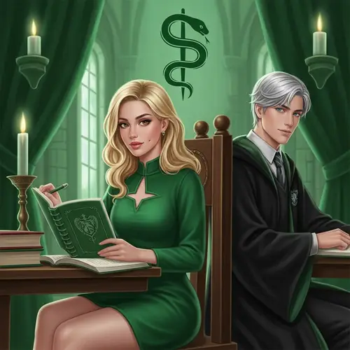 Enchanting Green-Themed School Study Scene with Captivating Characters