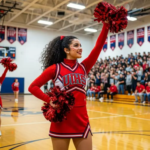 Vibrant Middle-Eastern Cheerleader with Pom-Poms in Gymnasium