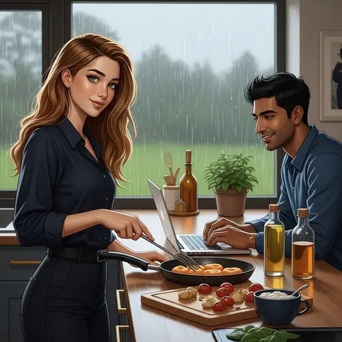 Charming Young Woman Cooking in Grand Countryside Estate Kitchen