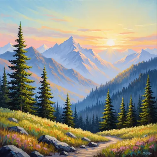 Serene Mountain Landscape at Sunrise - Majestic Nature in Vibrant Pastel Colors
