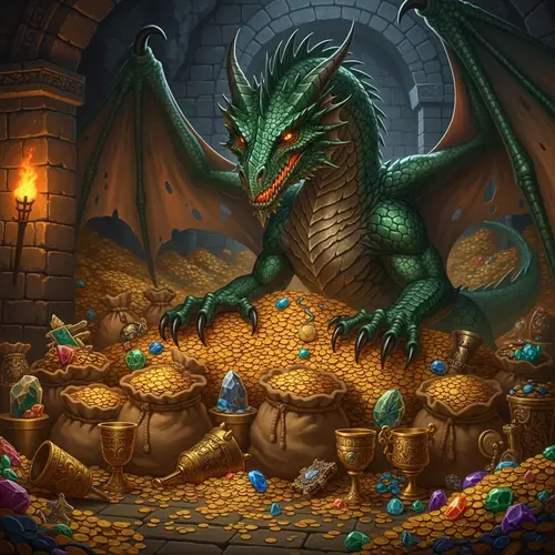 Emerald Green Dragon in Gold-Laden Treasury