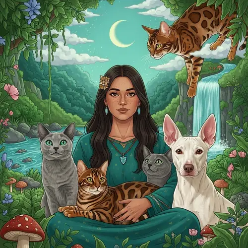 Female Shaman and Healer of Hispanic Descent with Bengal Cats and Other Pets in Serene Green Setting