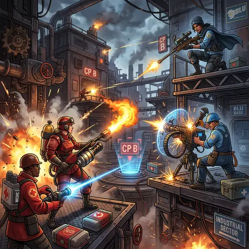 Multiplayer TF2 Game: Red vs Blue Team Combat in Steampunk World