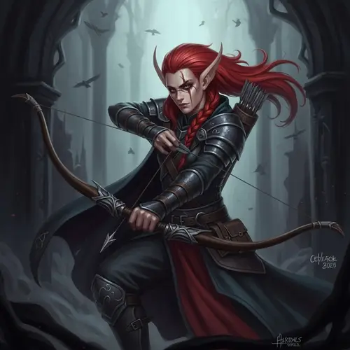 Noble Celadrin Warlock with Red Mane in Defensive Stance | Dark Fantasy Art
