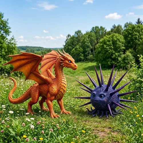 Orange Dragon and Aquatic Sea Urchin Creature in Grass Field