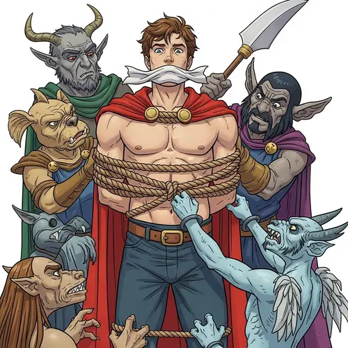 Captured Prince Phillip: Bound in Rope by Maleficent's Minions