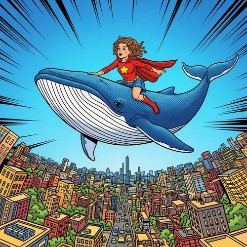 Curly-Haired Girl Flying on Whale Above City | Pop Art Style