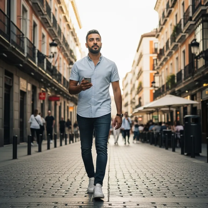 Middle-Eastern Man Walking Down Cobblestone Street in Madrid
