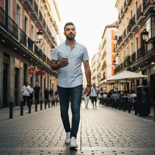 Middle-Eastern Man Walking in Madrid with Cell Phone | City Street Scene