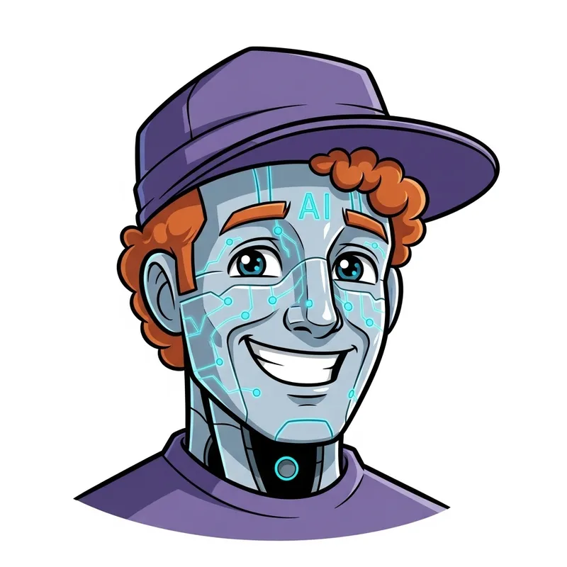 Friendly Male AI Robot with Ginger Curly Hair in Purple Hat Friendly Male AI Robot with Ginger Curly Hair in Purple Hat