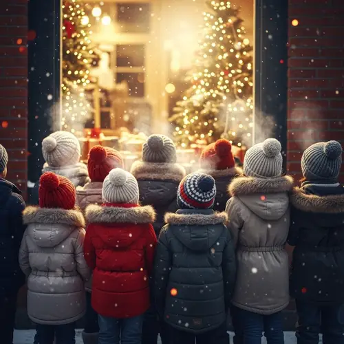 Multicultural Children Gazing at Snowy Christmas Storefront