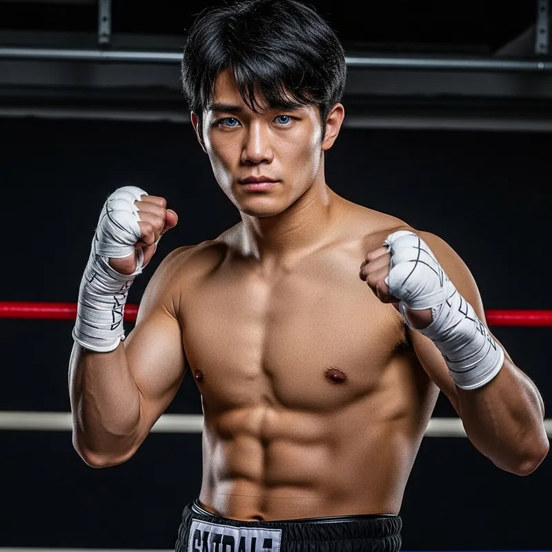 East Asian Professional Boxer with Blue Eyes and Muscular Build