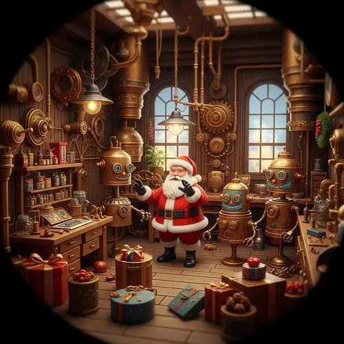 Steampunk Santa Workshop with Robotic Helpers - Festive Scene