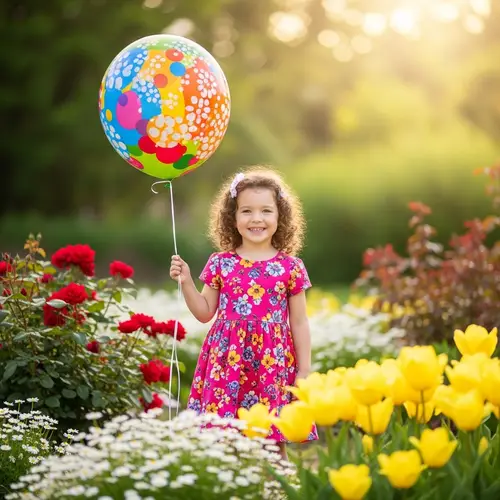 Young Caucasian Girl in Pink Floral Dress with Colorful Balloon