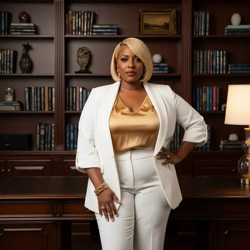 Empowered Black Woman in Elegant Home Office | Professional Suit & Gold Accents