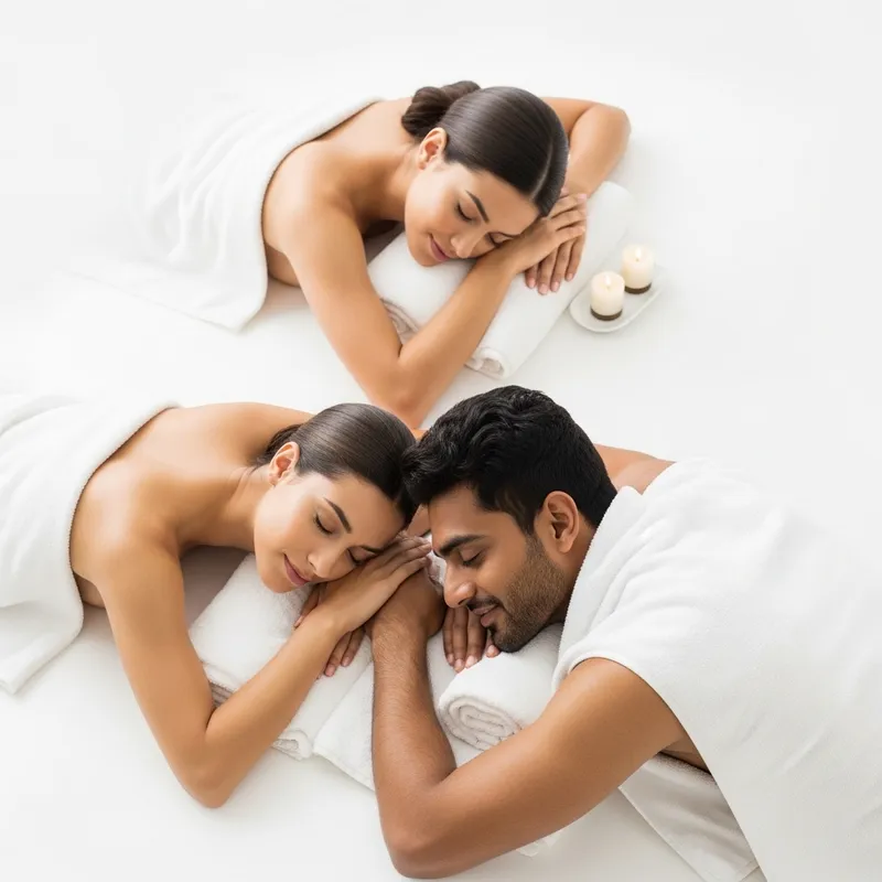 Relaxation Couples Massage Experience on White Background with Blurry High-Angle View