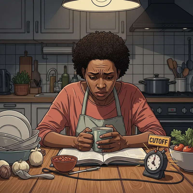 Stressed Woman at Kitchen Table Scene