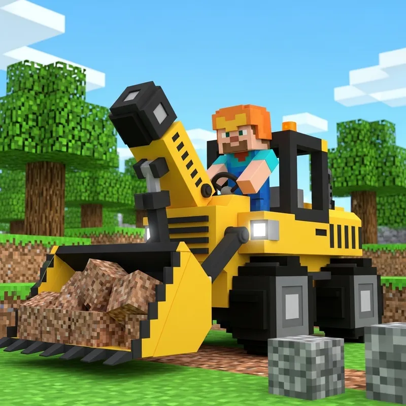 Minecraft Digger: Stunning 3D Illustration of Steve Operating Pixelated Digger