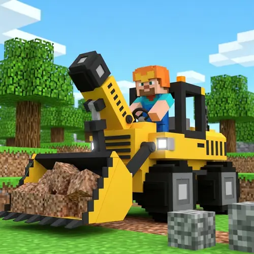 Minecraft Digger: Steve Operating Pixelated Digger in Cubist Environment