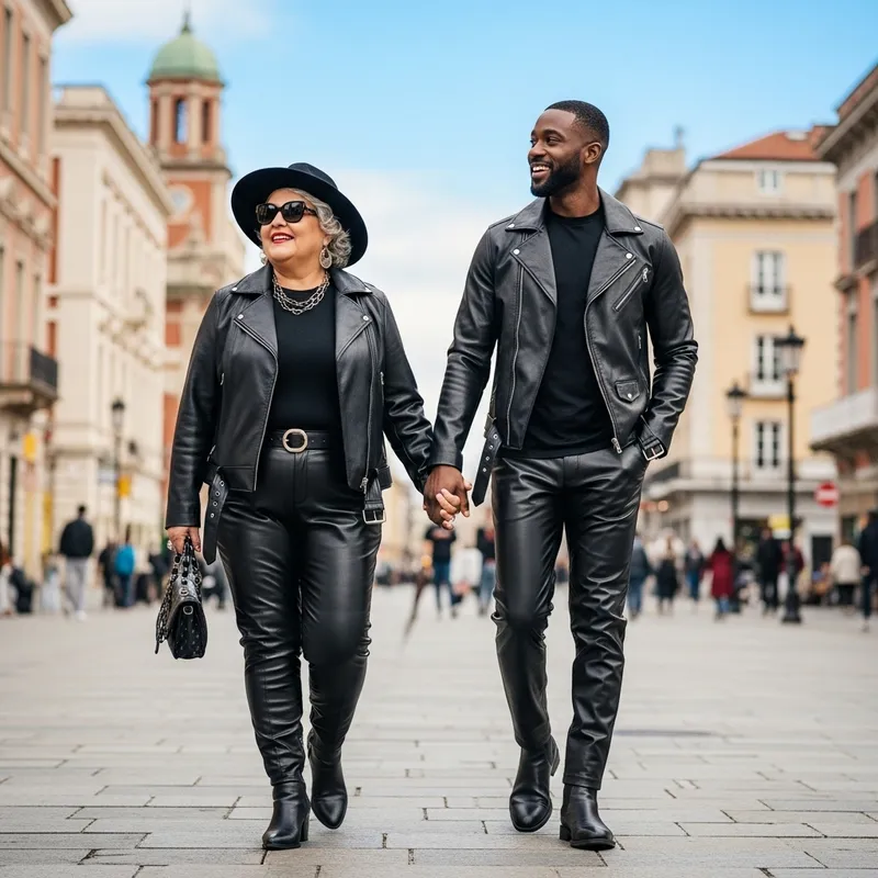 Mature Leather-Clad Couple Strolling City Together Mature Leather-Clad Couple Strolling City Together