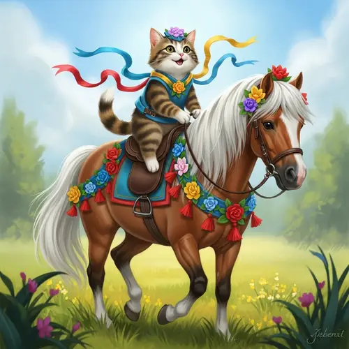Whimsical Cat Riding Pony Fantasy Painting with Vibrant Hues