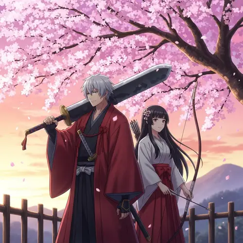 Inuyasha and Kikyo: Traditional Japanese Couple Under Cherry Blossom Tree