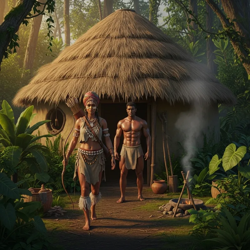 African Tribal Woman and Muscular Husband Returning Home from Hunting