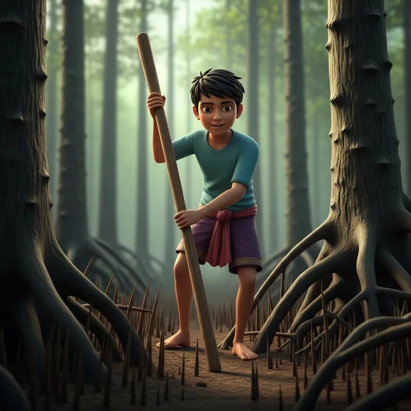 Cautious Child Exploring Thorny Mangrove Forest Animation