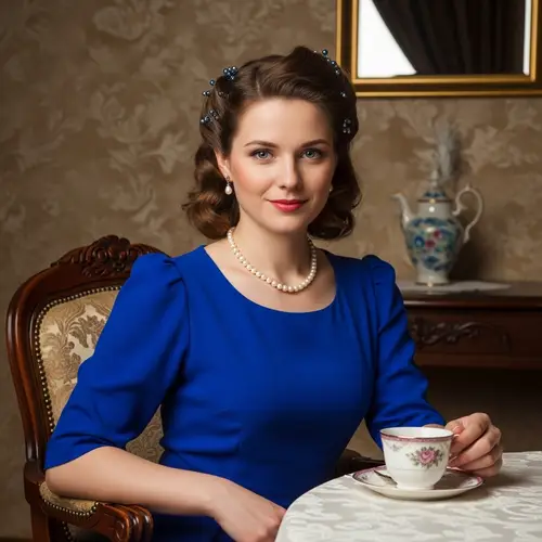 Elegant Caucasian Lady in Royal Blue Dress with Pearl Necklace