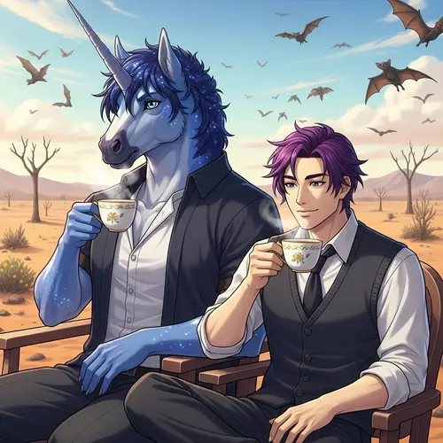 Mystical Unicorn & Japanese Man in Apocalyptic Setting