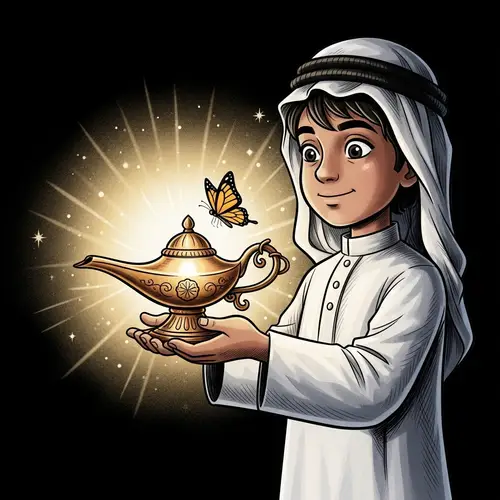 Boy Holding Glowing Lamp with Butterfly - Heartwarming Cartoon Scene