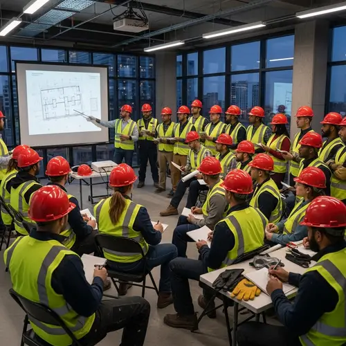 36 Construction Workers in Red Helmets Learning Together