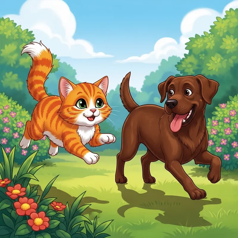 Fun Cat and Dog Play Scene | Garden Playful Characters