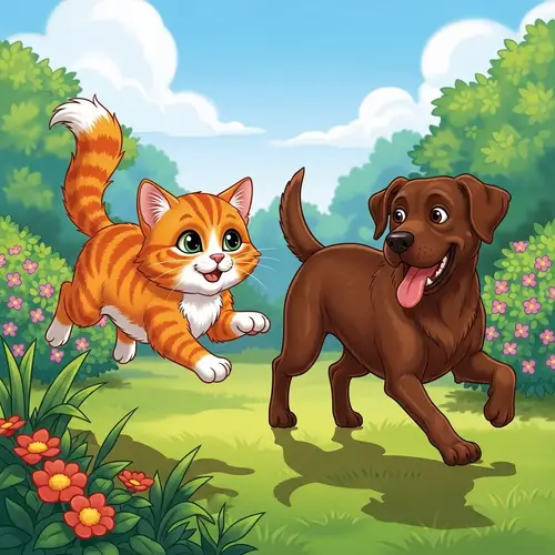 Whimsical Cat and Dog Playful Scene in Lush Garden