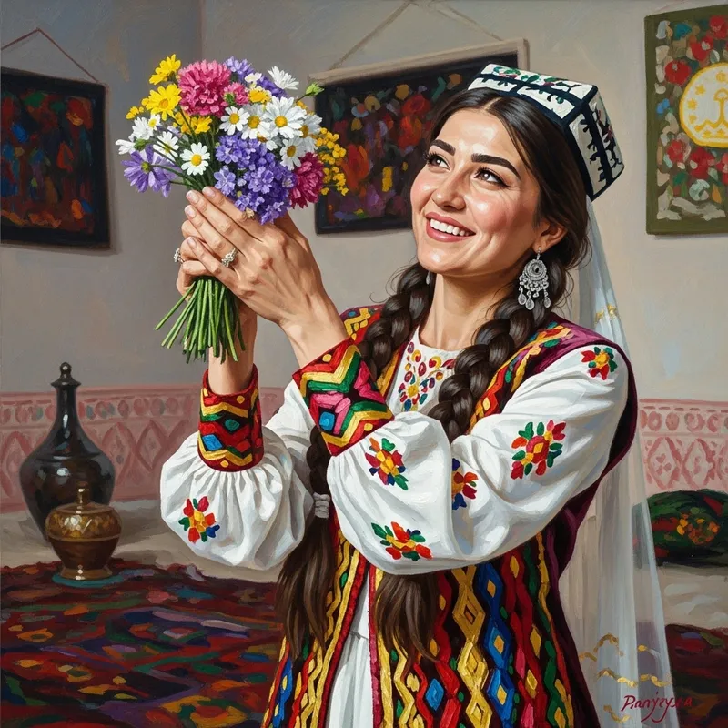 Tajik Bride Oil Painting - Traditional Wedding Artwork