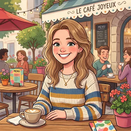 Smiling Young Woman at Outdoor Cafe - Cartoon Art