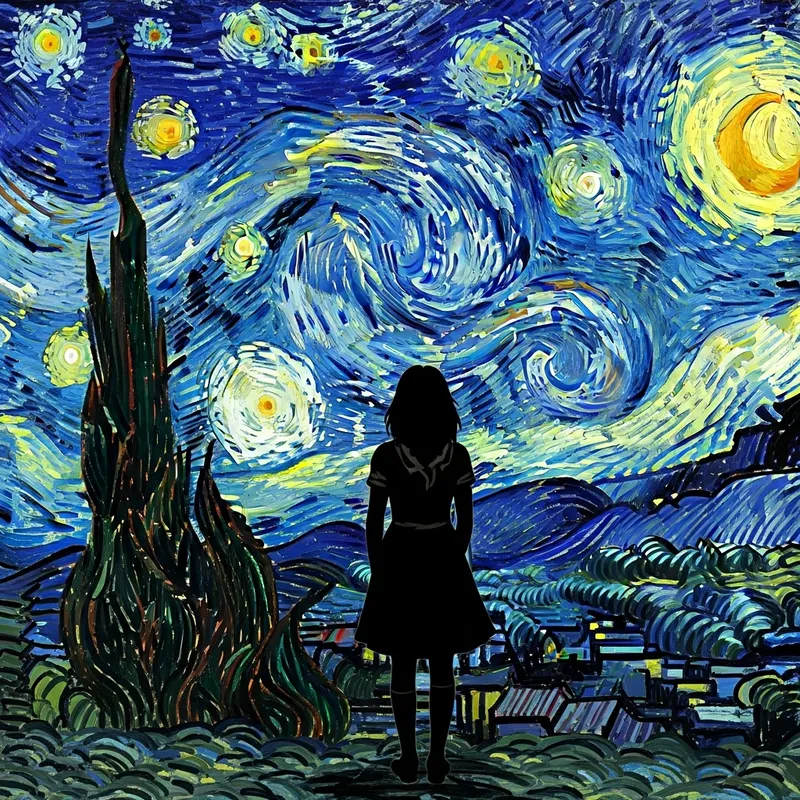 Starry Night with Girl in Van Gogh Style