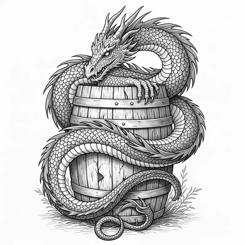 Intricately Detailed Pencil Drawn Dragon Coiled Around Weathered Wine Barrel