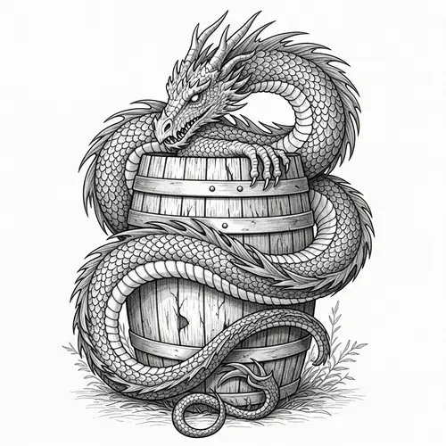 Intricately Pencil Drawn Dragon Coiled Around Weathered Wine Barrel