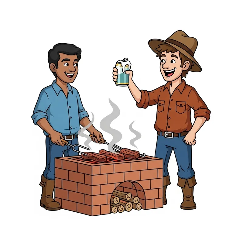 Lifelike Hillbilly Cartoon Characters Grilling and Drinking Outdoors