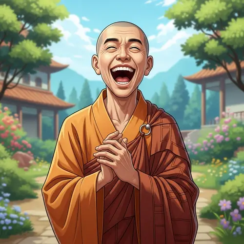 Jovial Monk Laughing in Peaceful Monastery Garden